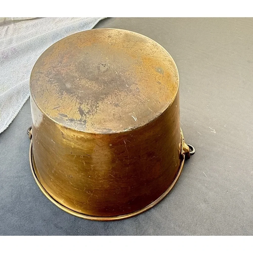 Antique Spun Brass Kettle No4 Wrought Iron Handle Primitive Early American 1800s